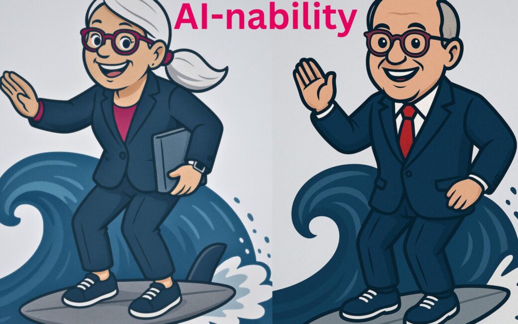 Zwei ältere Businesspersonen im Cartoon-Stil surfen auf Wellen, symbolisieren „AI-nability“ – die Fähigkeit, souverän mit KI-Technologien umzugehen.
