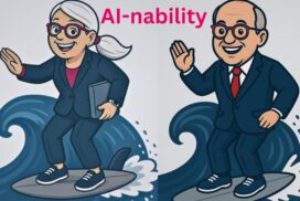 Zwei ältere Businesspersonen im Cartoon-Stil surfen auf Wellen, symbolisieren „AI-nability“ – die Fähigkeit, souverän mit KI-Technologien umzugehen.