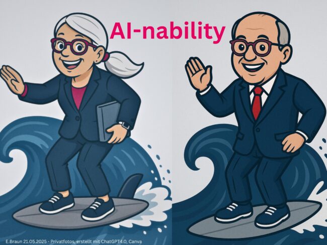 Zwei ältere Businesspersonen im Cartoon-Stil surfen auf Wellen, symbolisieren „AI-nability“ – die Fähigkeit, souverän mit KI-Technologien umzugehen.