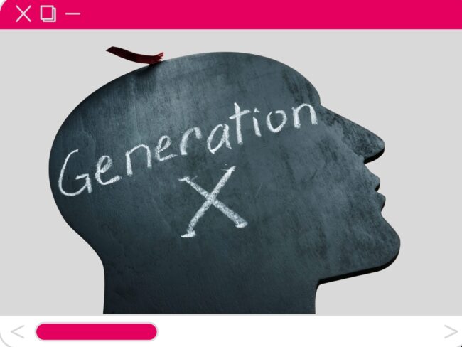 Silhouette eines Kopfes mit der Aufschrift „Generation X“ – Symbol für Klassentreffen und Transformation.